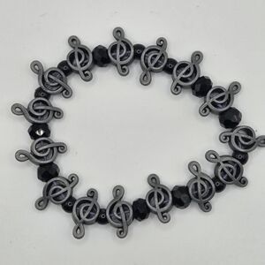 Treble Clef Music Note Themed Black & Silver Stretchy Bracelet